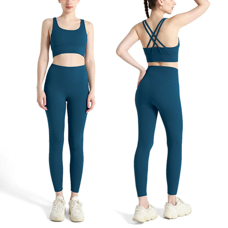 Completo fitness donna ZHUMU GYM – set yoga 2 pezzi con leggings con tasche, traspirante e quick dry - Campeda