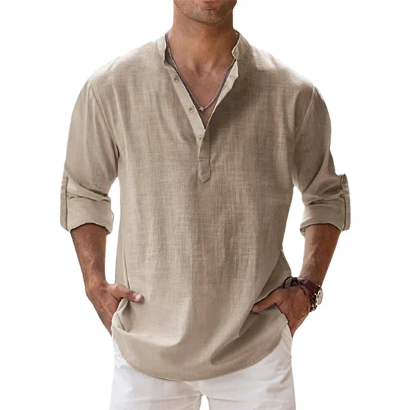 Nuove camicie da uomo in cotone e lino casual spiaggia Henley a maniche
