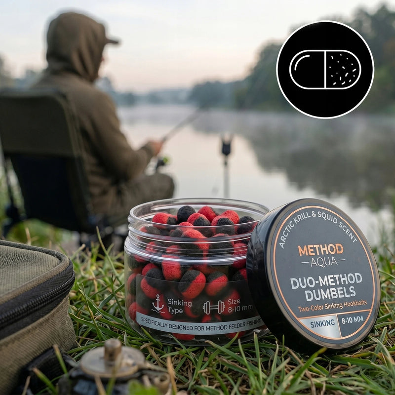 Method Feeder Dumbbell Boilies Bicolore Affondanti Krill Squid 8-10mm 50g - immagine 4