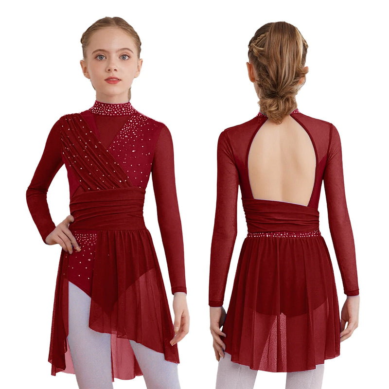 Vestito Danza Lirica Bambina con Strass – Body Balletto Elegante con Rete e Spacco Laterale