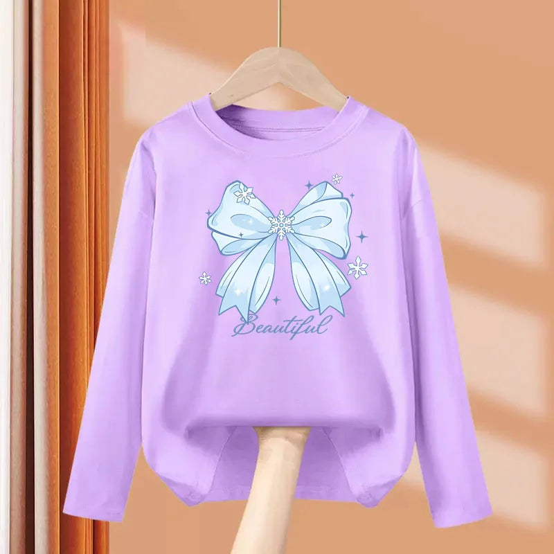 T-shirt con fiocco primaverile e autunnale per neonate Top in cotone a maniche - immagine 10