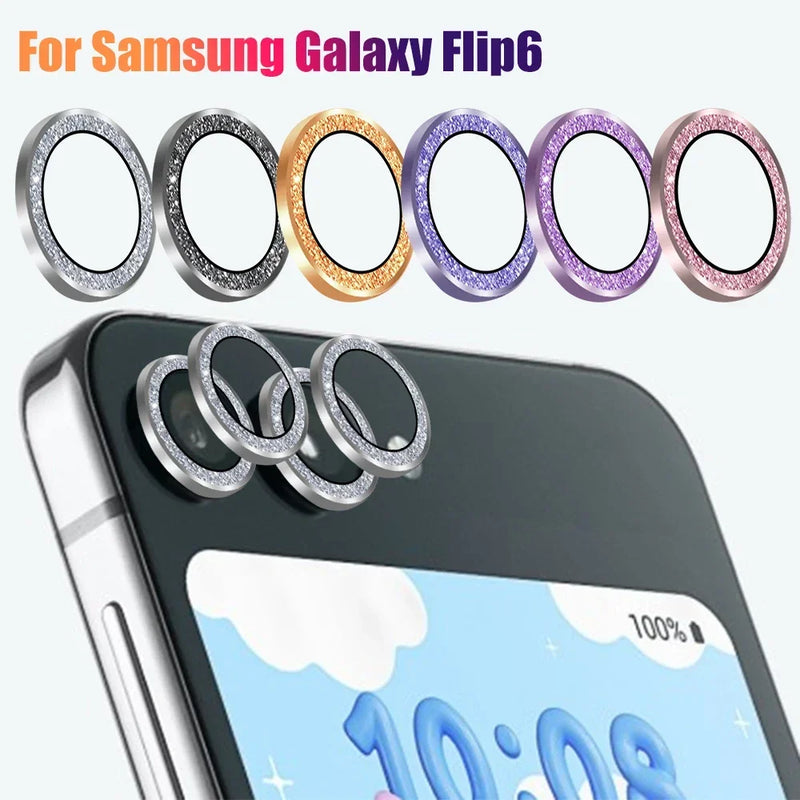 Anelli per obiettivo in vetro temperato per Samsung Galaxy Z Flip 6, protezione glitter diamond, metallo, design colorato
