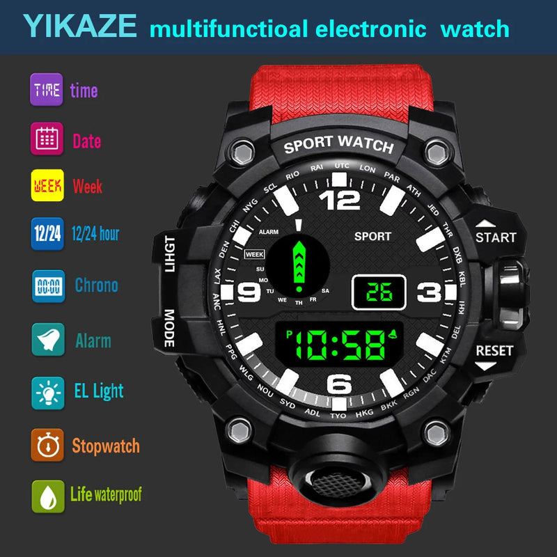 YIKAZE Orologio sportivo da uomo Orologi digitali a LED Orologio militare multifunzione Quadrante grande Orologio elettronico fitness impermeabile per uomo
