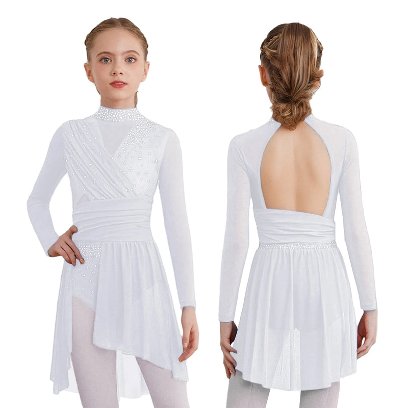 Vestito Danza Lirica Bambina con Strass – Body Balletto Elegante con Rete e Spacco Laterale