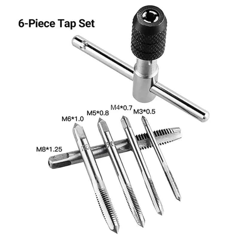 Set di trapani per chiavi di tipo T di alta qualità Strumenti per maschiatura a mano Macchina per filettatura per vite Punta elicoidale M3/M4/M5/M6/M8 Set di rubinetti Strumento fai da te
