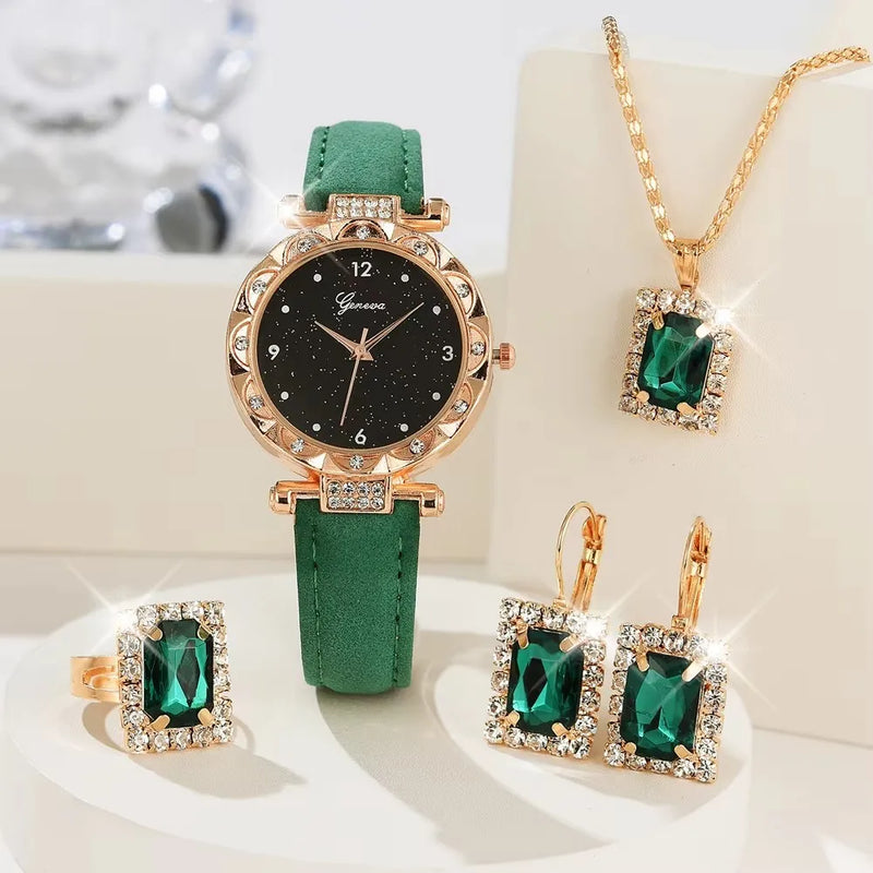 Set Donna 5 Pezzi con Orologio e Bracciali – Elegante con Strass, Perfetto Regalo - Campeda
