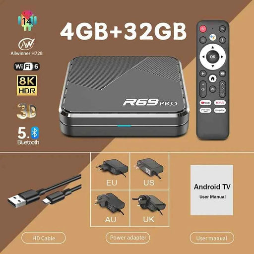 Janmifly R69 PRO Set Top Box Android 14 Allwinner H728 WiFi 6 Supporto Ultra HD 8K Bluetooth 5.0 smart tv box Netflix YouTube - Campeda