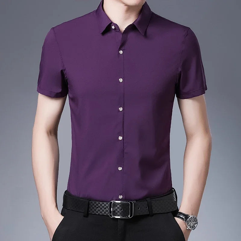 Camicia uomo a maniche corte tinta unita – casual da lavoro, smart casual, senza stiratura, estate