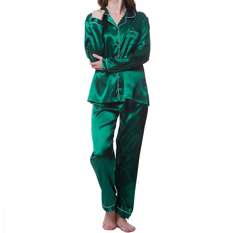 Indumenti da notte donna Pigiama semplice in raso Set Bottoni a maniche lunghe - immagine 12