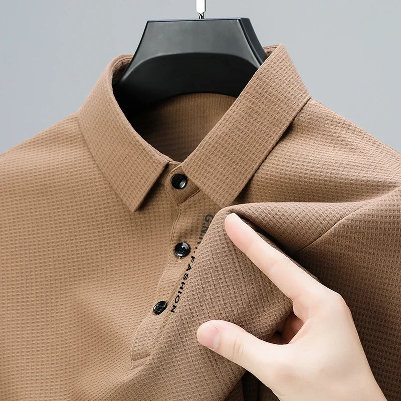 Polo da uomo a maniche lunghe Waffle – casual con risvolto, stampa lettere, anti-retrazione, quattro stagioni - Campeda