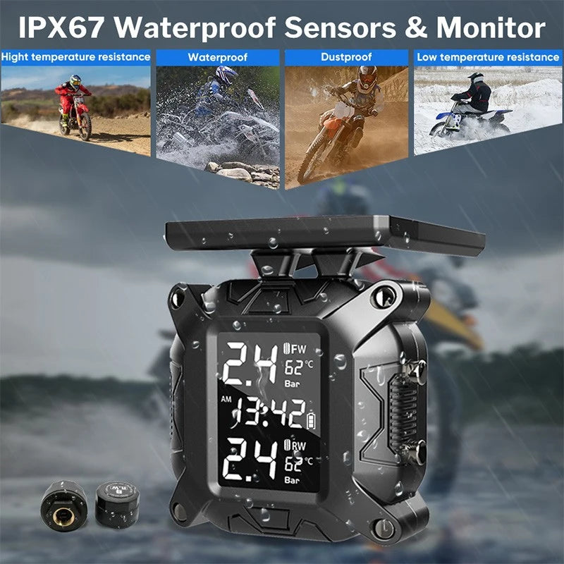 Moto TPMS Energia solare Monitor della pressione dei pneumatici Sistema di monitoraggio della pressione dei pneumatici in tempo reale Sistema di allarme con sensore di temperatura