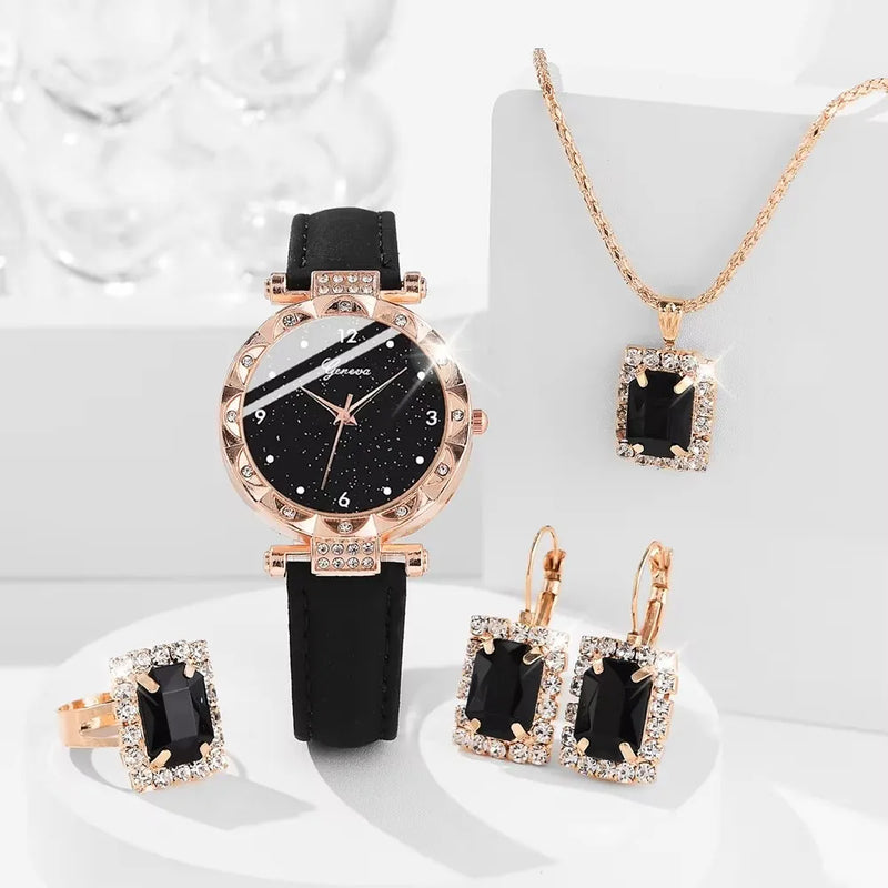 Set Donna 5 Pezzi con Orologio e Bracciali – Elegante con Strass, Perfetto Regalo - Campeda