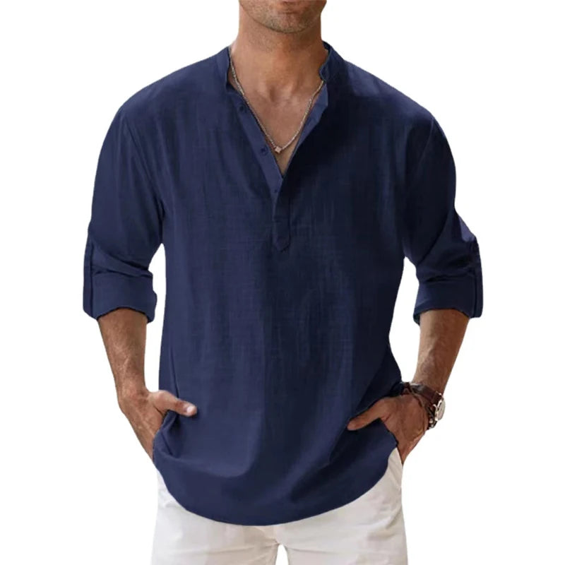 Nuove camicie da uomo in cotone e lino casual spiaggia Henley a maniche