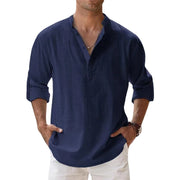 Nuove camicie da uomo in cotone e lino casual spiaggia Henley a maniche - Navy S - immagine 25