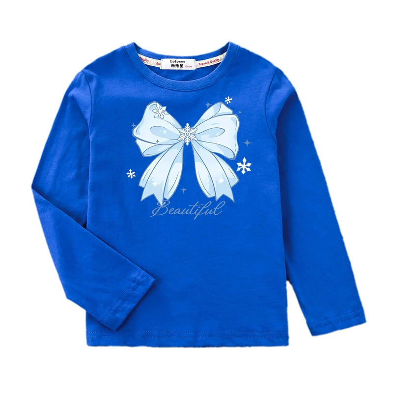 T-shirt con fiocco primaverile e autunnale per neonate Top in cotone a maniche - immagine 11