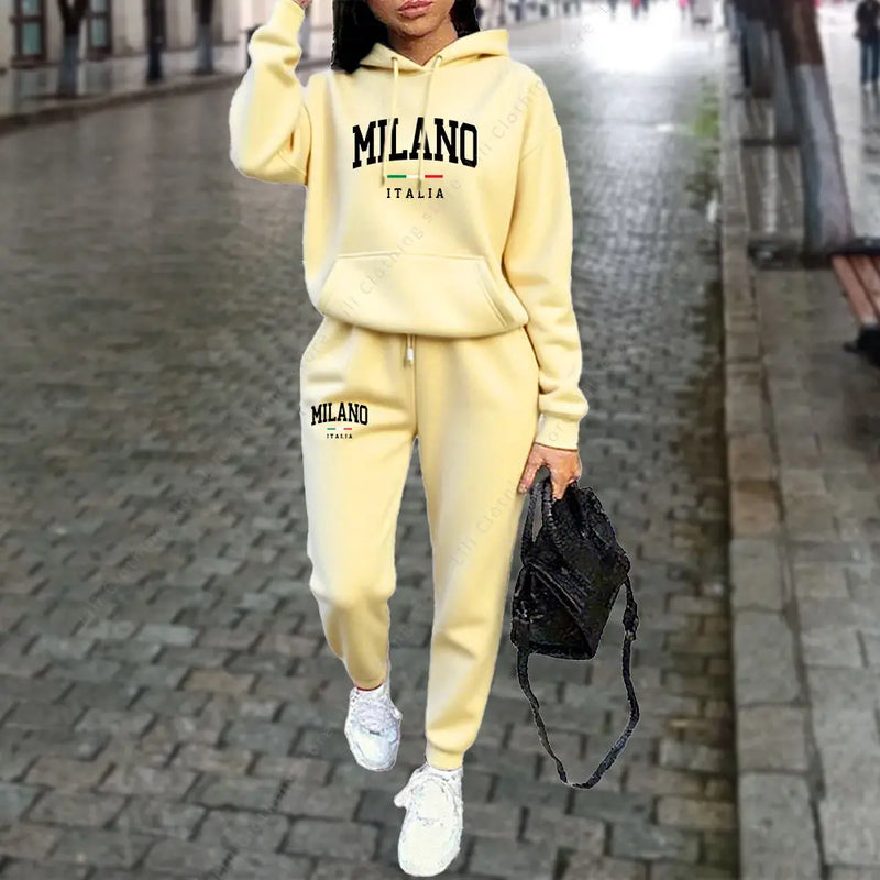 Tuta donna MILANO – set felpa con cappuccio e pantaloni jogging streetwear primavera, autunno inverno - Campeda