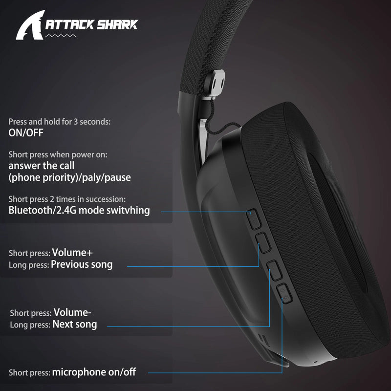 ATTACK SHARK L80 Cuffie da gioco ultraleggere da 180 g, microfono collegabile, wireless cablato/Bluetooth/2.4G, audio stereo a 5.1 canali