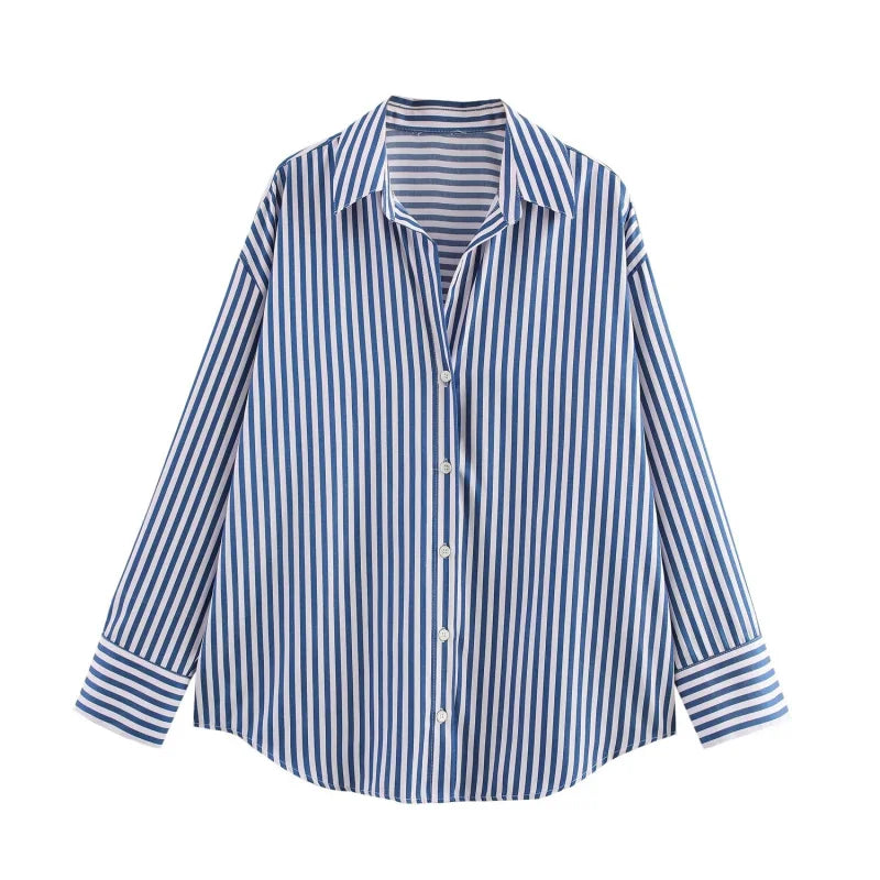 Camicia donna ETJ 2025 a righe in popeline, maniche lunghe con risvolto, vestibilità ampia stile europeo-americano, multicolore