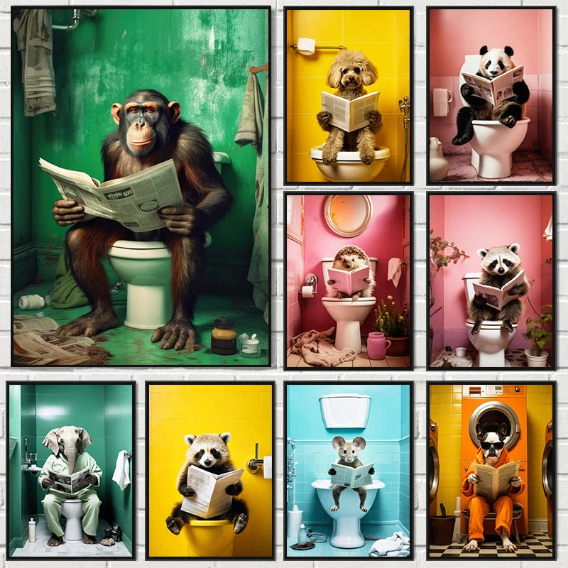 Scimpanzé Elefante Panda Animali Poster Stampa Divertente Arte Immagine da parete Pittura su tela per bagno Toilette Decorazioni per la casa Regalo