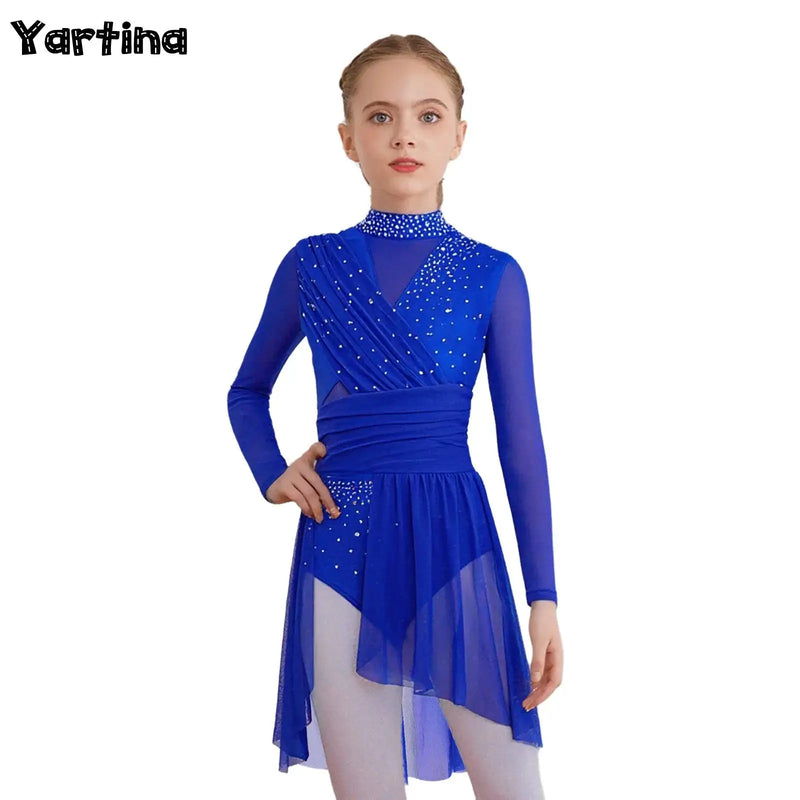 Vestito Danza Lirica Bambina con Strass – Body Balletto Elegante con Rete e Spacco Laterale