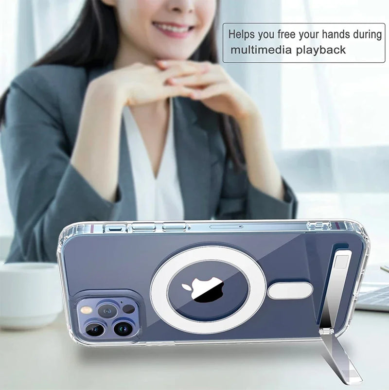 Custodia magnetica trasparente per telefono con cavalletto per iPhone 17 Pro Max Air 16 15 14 Plus 13 12 11 Mini per cover posteriore di ricarica wireless
