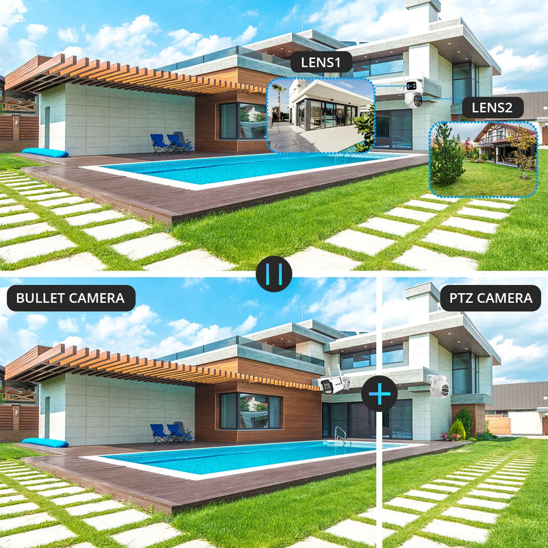 Telecamera IP WIFI da 9 MP Schermo doppio a tre obiettivi con zoom 8X Telecamera PTZ da 6 MP Ai Telecamera di videosorveglianza di sicurezza con tracciamento automatico iCSee