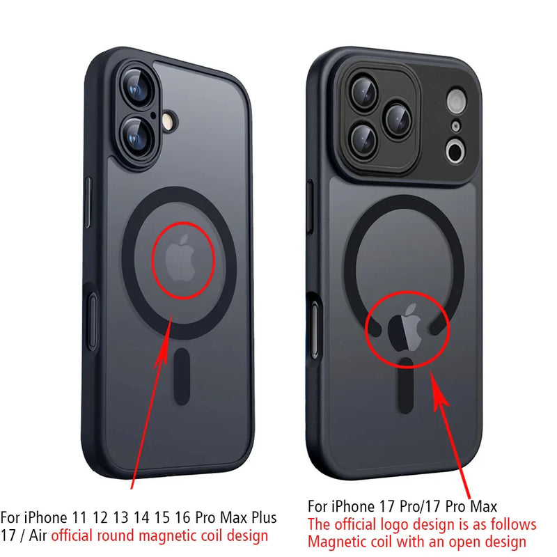 Custodia antiurto con armatura magnetica di lusso per iPhone 17 Air 16 15 14 13 12 11Pro Max Magsafe Carica wireless Cover opaca traslucida