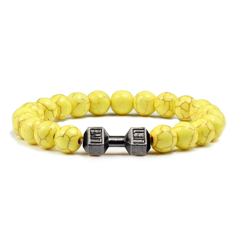 Men's Natural Volcanic Stone Bracelet Matte Black Lave White Beads Dumbbell Strand Bracelets Women's Barbell Fitness Jewelry