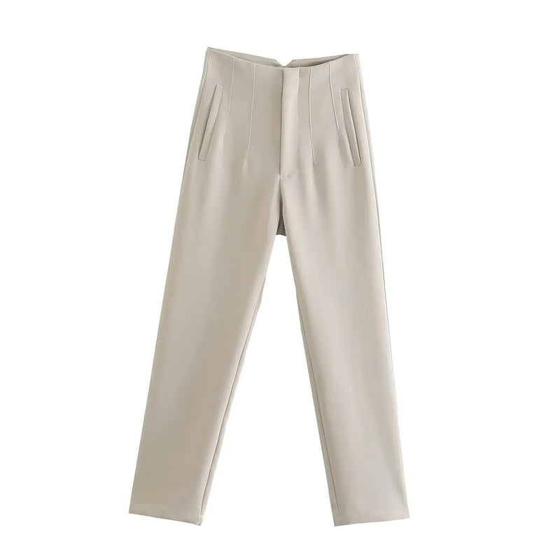 Pantaloni donna Willshela a vita alta con cerniera frontale, gamba dritta full length, stile vintage elegante e chic - Campeda