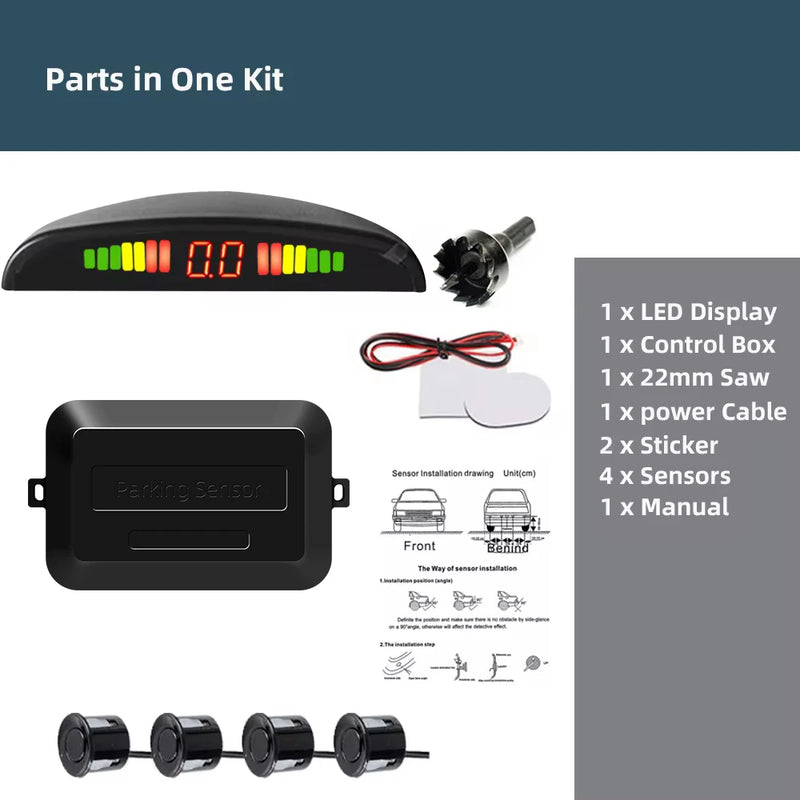Kit Sensori Parcheggio Auto 4 Sensori 22mm – Radar Retromarcia con Display LED Retroilluminato, Sistema 12V Universale (8 Colori) - Campeda