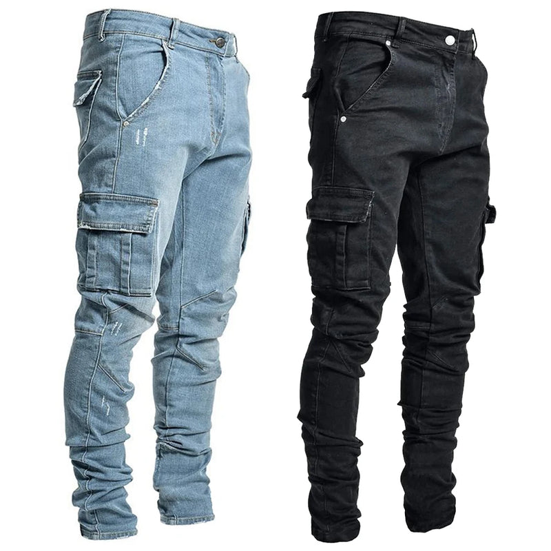 Jeans cargo da uomo Tsingyi in denim elasticizzato – slim fit a vita media, multitasche, casual primavera/autunno - Campeda