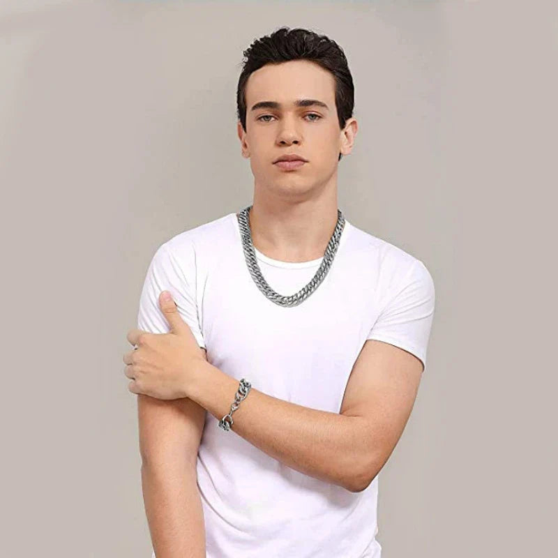 HNSP Acciaio inossidabile LA Catena a maglie cubane Collana color argento per gioielli da uomo 8/10/12/14MM Larghezza Hip Hop Punk Accessori