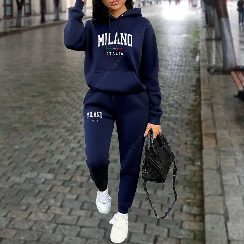Tuta donna MILANO – set felpa con cappuccio e pantaloni jogging streetwear primavera, autunno inverno - Campeda