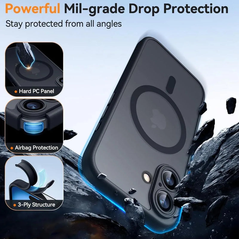 Custodia antiurto con armatura magnetica di lusso per iPhone 17 Air 16 15 14 13 12 11Pro Max Magsafe Carica wireless Cover opaca traslucida