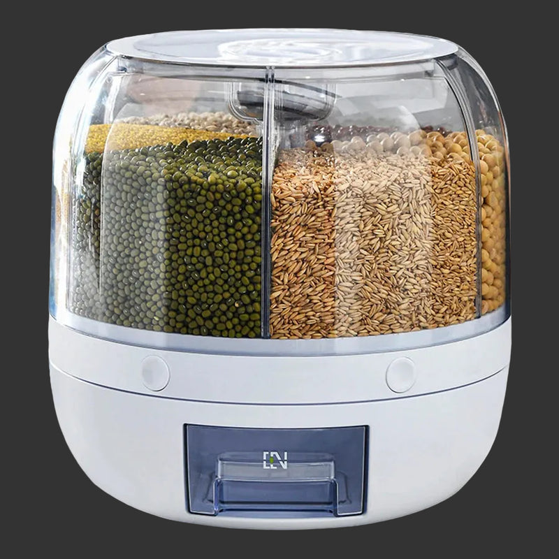 Dispenser Alimentare Rotante 360° a 6 Scomparti Contenitore ermetico da cucina per cereali, riso e alimenti secchi