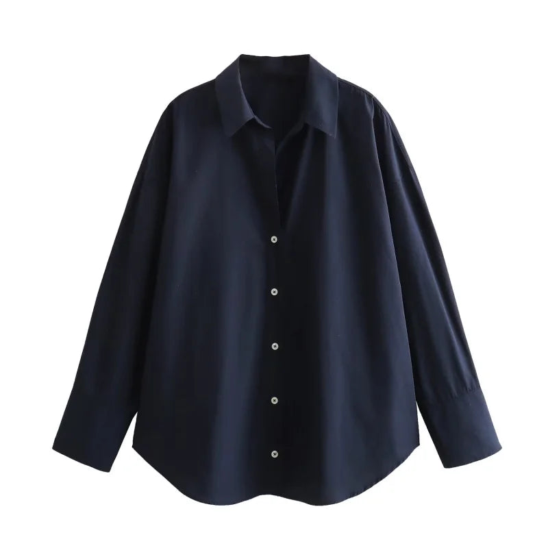 Camicia donna ETJ 2025 a righe in popeline, maniche lunghe con risvolto, vestibilità ampia stile europeo-americano, multicolore