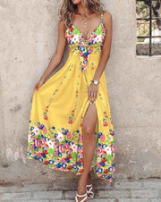 Abito lungo da donna con spalline sottili, scollo a V, stampa floreale, con laccetti frontali e spacco laterale alto, ideale per feste estive in spiaggia