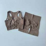 Completo fitness donna seamless – set yoga 2 pezzi con reggiseno sportivo e shorts vita alta, traspirante e modellante - Campeda
