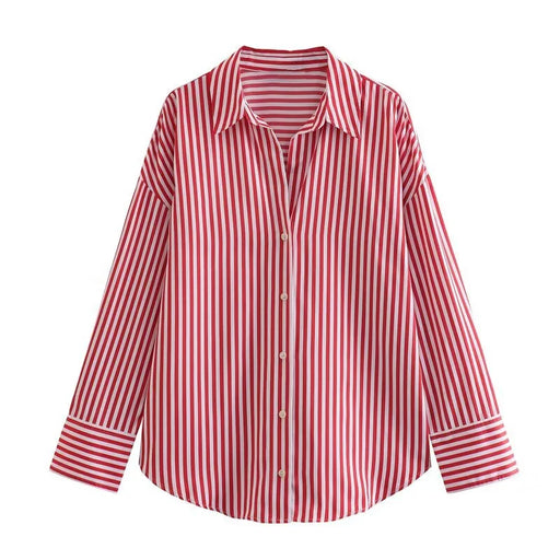 Camicia donna ETJ 2025 a righe in popeline, maniche lunghe con risvolto, vestibilità ampia stile europeo-americano, multicolore - Campeda