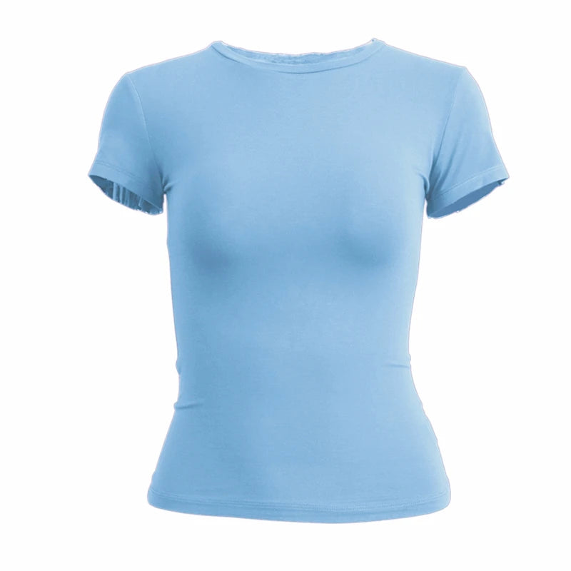 Abbigliamento donna T-shirt manica corta Slim Fit Top O-Collo Guaina lavorata a maglia - Blu S - immagine 9