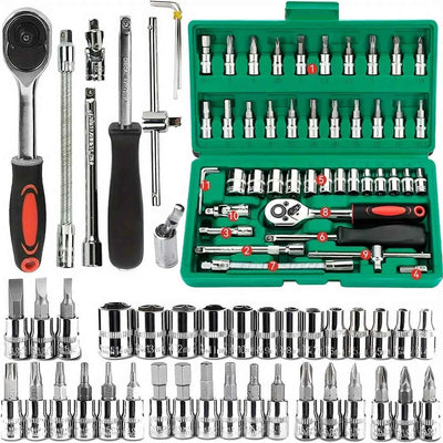 46 pezzi strumenti per la famiglia 1/4 set kit di strumenti meccanici per riparazione auto Hous con prese set di bussole esagonali metriche chiave a cricchetto da pollici