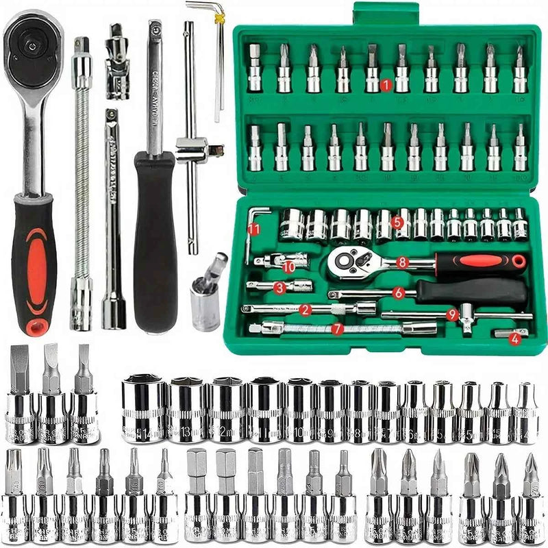 46 pezzi strumenti per la famiglia 1/4 set kit di strumenti meccanici per riparazione auto Hous con prese set di bussole esagonali metriche chiave a cricchetto da pollici