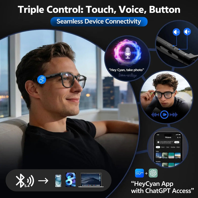 Occhiali Smart 4K 8MP da Uomo con Fotocamera HD Traduzione in oltre 150 - immagine 5