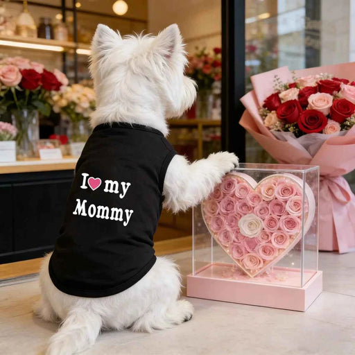 1 maglietta a gilet per cani con scritta I love dad/mom