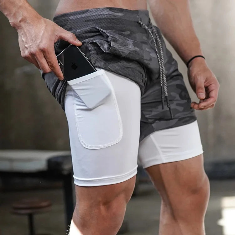 Pantaloncini da corsa mimetici sportivi palestra uomo 2 in 1 Allenamento ad - immagine 9