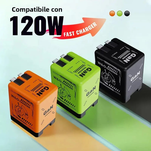 Caricatore GaN da 120W con Doppia Porta USB-C Cavo Retrattile 80cm