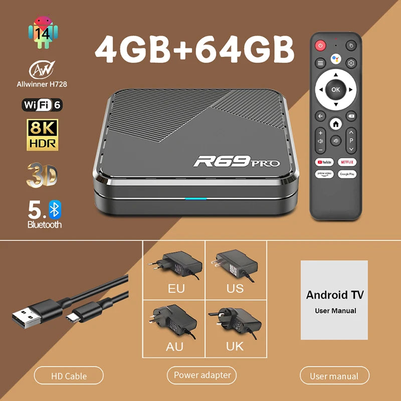 Janmifly R69 PRO Set Top Box Android 14 Allwinner H728 WiFi 6 Supporto Ultra HD 8K Bluetooth 5.0 smart tv box Netflix YouTube