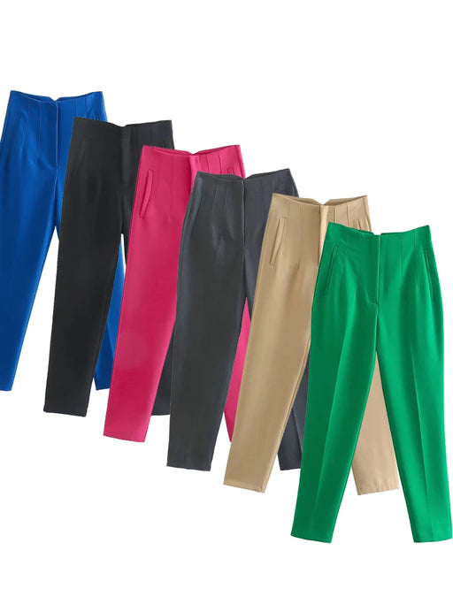 Pantaloni donna Willshela a vita alta con cerniera frontale, gamba dritta full length, stile vintage elegante e chic - Campeda