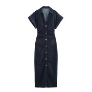 Abito midi denim donna ETJ 2025, vestito elegante con risvolto e cerniera laterale, vita slim antirughe stile primavera - Campeda
