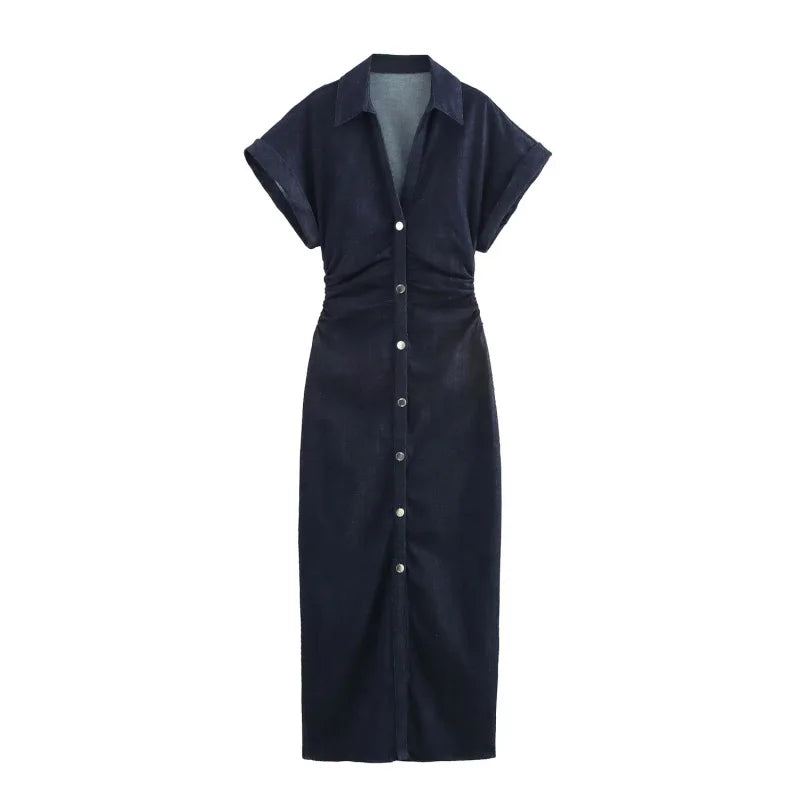 Abito midi denim donna ETJ 2025, vestito elegante con risvolto e cerniera laterale, vita slim antirughe stile primavera - Campeda